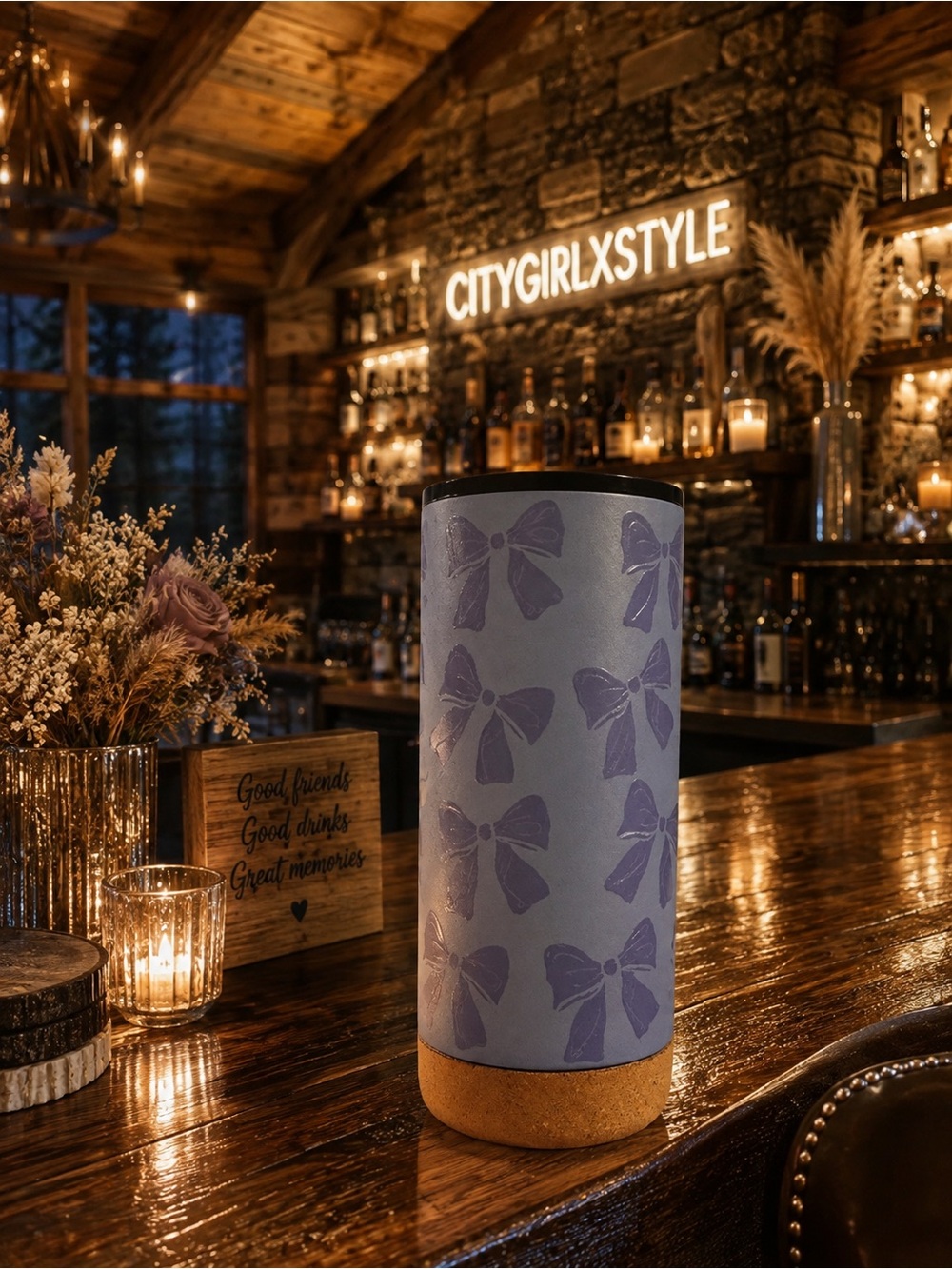 Bow Print Tumbler with Cork Base - Lavender & Cork - Picture 1 of 1